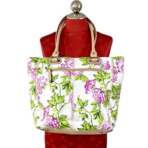 Tignanello Leather Shoulder Bag Purse Pink White Green Floral Cottage Summertime